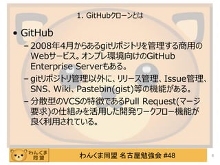 󤯤ͬ ㏊ #48
1. GitHub`Ȥ
? GitHub
C 20084¤餢gitݥȥä
Web`ӥץh򤱤GitHub
Enterprise Server⤢롣
C gitݥȥˡ`Issue
SNSWikiPastebin(gist)ȤΙCܤ롣
C ɢͤVCS؏դǤPull Request(ީ`
Ҫ)˽Mߤä_k`ե`Cܤ
äƤ롣
6
 