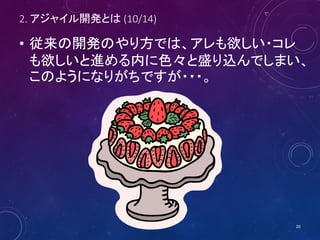 2. アジャイル開発とは (10/14)
• 従来の開発のやり方では、アレも欲しい・コレ
も欲しいと進める内に色々と盛り込んでしまい、
このようになりがちですが・・・。
20
 