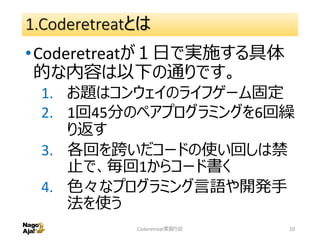 1.Coderetreatとは
•Coderetreatが１日で実施する具体
的な内容は以下の通りです。
1. お題はコンウェイのライフゲーム固定
2. 1回45分のペアプログラミングを6回繰
り返す
3. 各回を跨いだコードの使い回しは禁
止で、毎回1からコード書く
4. 色々なプログラミング言語や開発手
法を使う
Coderetreat素振り会 10
 