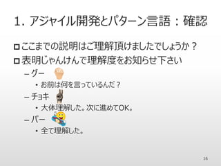 1. アジャイル開発とパターン言語：確認
 ここまでの説明はご理解頂けましたでしょうか？
 表明じゃんけんで理解度をお知らせ下さい
– グー
• お前は何を言っているんだ？
– チョキ
• 大体理解した。次に進めてOK。
– パー
• 全て理解した。
16
 