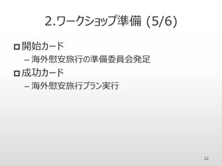 2.ワークショップ準備 (5/6)
 開始カード
– 海外慰安旅行の準備委員会発足
 成功カード
– 海外慰安旅行プラン実行
22
 