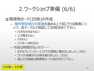 2.ワークショップ準備 (6/6)
 障害物カード(20枚)の作成
– 海外慰安旅行の実施を進める上で起こりうる障害につ
いて、各テーブルで相談して20枚決めて下さい。
• 行き先が決まらない
• 人が集まらない
• ドタキャン
• パスポート取り忘れ
– 今回は時間がないので・・・
• まずはブレインストーミングで付箋紙に書き出しましょう。(5分)
• ブレスト結果から20枚を選びましょう。 (5分)
• 選んだ付箋紙は障害物カードに貼り付けて下さい。
235分間＋5分間
 