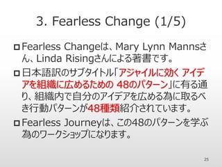 3. Fearless Change (1/5)
 Fearless Changeは、Mary Lynn Mannsさ
ん、Linda Risingさんによる著書です。
 日本語訳のサブタイトル「アジャイルに効く アイデ
アを組織に広めるための 48のパターン」に有る通
り、組織内で自分のアイデアを広める為に取るべ
き行動パターンが48種類紹介されています。
 Fearless Journeyは、この48のパターンを学ぶ
為のワークショップになります。
25
 