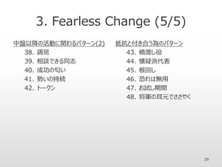 3. Fearless Change (5/5)
中盤以降の活動に関わるパターン(2)
38. 謁見
39. 相談できる同志
40. 成功の匂い
41. 勢いの持続
42. トークン
抵抗と付き合う為のパターン
43. 橋渡し役
44. 懐疑派代表
45. 根回し
46. 恐れは無用
47. お試し期間
48. 将軍の耳元でささやく
29
 