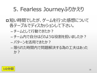 5. Fearless Journeyふりかえり
 短い時間でしたが、ゲームを行った感想について
各テーブルでディスカッションして下さい。
– チームとして行動できたか？
– チーム内で自分はどのような役割を担いましたか？
– パターンを活用できたか？
– 限られた時間内で問題解決する為の工夫はあった
か？
3510分間
 