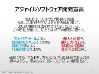 アジャイルソフトウェア開発宣言
私たちは、ソフトウェア開発の実践
あるいは実践を手助けをする活動を通じて、
よりよい開発方法を見つけだそうとしている。
この活動を通して、私たちは以下の価値に至った。
プロセスやツールよりも 個人と対話を、
包括的なドキュメントよりも 動くソフトウェアを、
契約交渉よりも 顧客との協調を、
計画に従うことよりも 変化への対応を、
価値とする。すなわち、左記のことがらに価値があることを
認めながらも、私たちは右記のことがらにより価値をおく。
7
http://agilemanifesto.org/iso/ja/
 