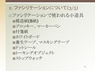 2. ファシリテーションについて(3/5)


ファシリテーションで使われる小道具
 模造紙(B紙)
 プロッキー、マーカーペン
 付箋紙

 ホワイトボード
 養生テープ、マスキングテープ
 ドットシール
 トーキングオブジェクト
 ストップウォッチ
14

 