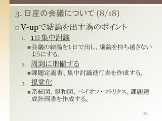 3. 日産の会議について (8/18)


V-upで結論を出す為のポイント
1.

1日集中討議
 会議の結論を１日で出し、議論を持ち越さない

ようにする。
2.

周到に準備する
 課題定義書、集中討議進行表を作成する。

3.

視覚化
 系統図、親和図、ペイオフ・マトリクス、課題達

成計画書を作成する。
25

 