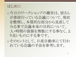 はじめに
今日のワークショップの趣旨は、皆さん
が普段行っている会議について、現状
を整理し、本質的な部分から見直して
みる事で会議本来の目的について、
人・時間の資源を無駄にする事なく、よ
り良いものにする事です。
 そのヒントとして、日産自動車にて行わ
れている会議の手法を参考します。


4

 