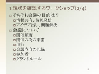 1.現状を確認するワークショップ(2/4)


そもそも会議の目的は？
 情報共有、情報発信

 アイデア出し、問題解決


会議について
 開催頻度

 開催の為の準備
 進行
 会議内容の記録
 参加者
 グランドルール
8

 