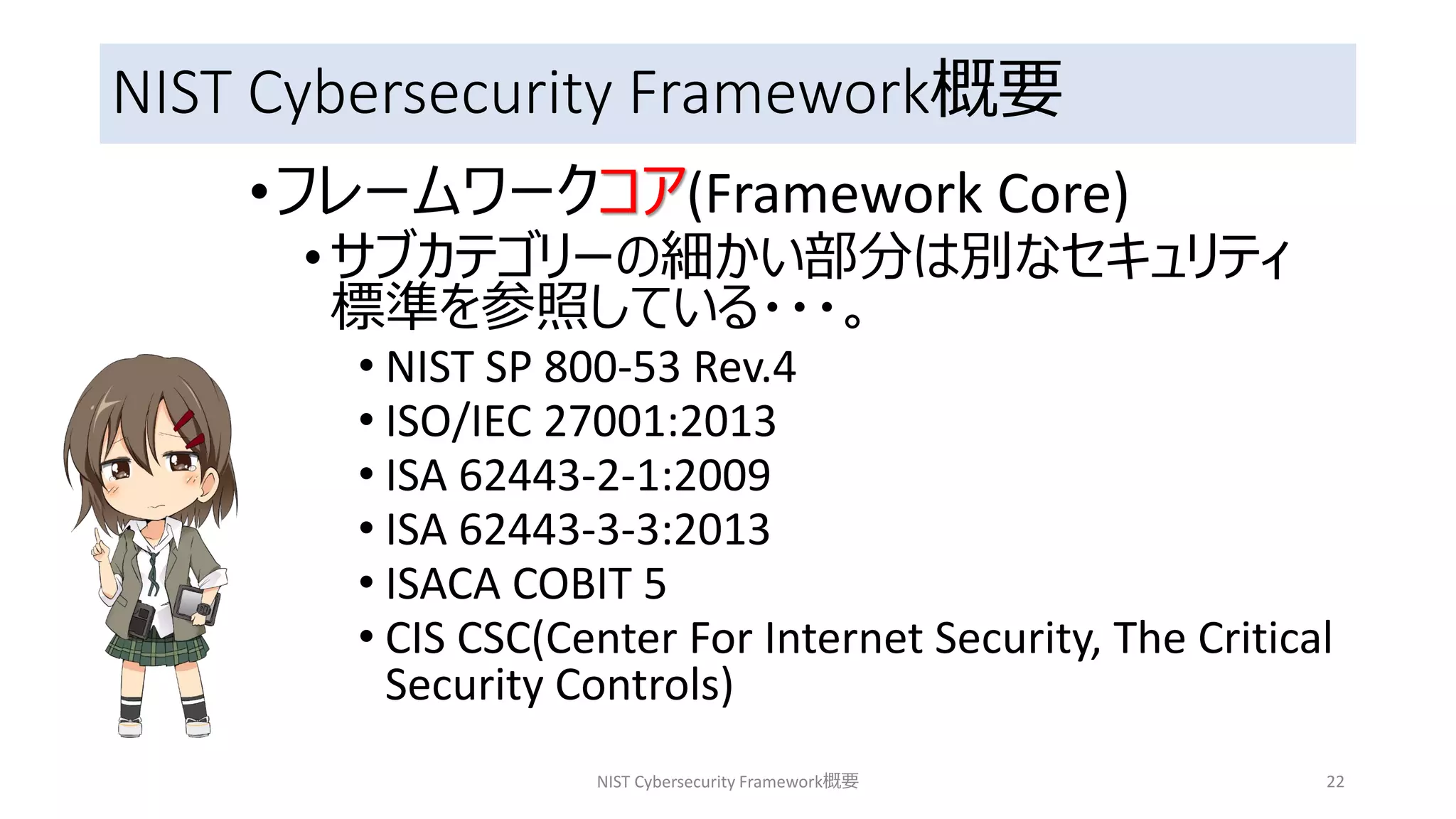 NIST Cybersecurity Framework概要
•フレームワークコア(Framework Core)
•サブカテゴリーの細かい部分は別なセキュリティ
標準を参照している・・・。
• NIST SP 800-53 Rev.4
• ISO/IEC 27001:2013
• ISA 62443-2-1:2009
• ISA 62443-3-3:2013
• ISACA COBIT 5
• CIS CSC(Center For Internet Security, The Critical
Security Controls)
NIST Cybersecurity Framework概要 22
 