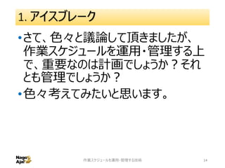 1. アイスブレーク
•さて、色々と議論して頂きましたが、
作業スケジュールを運用・管理する上
で、重要なのは計画でしょうか？それ
とも管理でしょうか？
•色々考えてみたいと思います。
作業スケジュールを運用・管理する技術 14
 