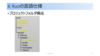 4. Rustの言語仕様
• プロジェクトフォルダ構成
rust primer 25
(root)
│ .gitignore
│ Cargo.lock
│ Cargo.toml
├─src/
│ main.rs
└─target/
├─debug/
└─release/
│ test_proj1.exe
├─build/
├─deps/
├─examples/
└─native/
 
