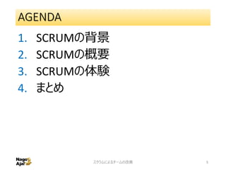 AGENDA
1. SCRUMの背景
2. SCRUMの概要
3. SCRUMの体験
4. まとめ
スクラムによるチームの改善 5
 