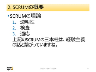 2. SCRUMの概要
•SCRUMの理論
1. 透明性
2. 検査
3. 適応
上記のSCRUMの三本柱は、経験主義
の話と繋がっていますね。
スクラムによるチームの改善 18
 