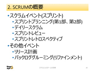 2. SCRUMの概要
•スクラムイベント(スプリント)
•スプリントプランニング(第1部、第2部)
•デイリースクラム
•スプリントレビュー
•スプリントレトロスペクティブ
•その他イベント
•リリース計画
•バックロググルーミング(リファインメント)
スクラムによるチームの改善 26
 