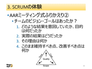 3. SCRUMの体験
•AARミーティング式ふりかえり②
•チームのビジョン・ゴールはあったか？
1. どのような結果を意図していたか、目的
は何だったか
2. 実際の結果はどうだったか
3. その理由は何か
4. このまま維持すべき点、改善すべき点は
何か
スクラムによるチームの改善 56
 