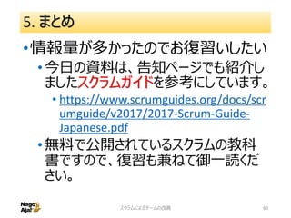 5. まとめ
•情報量が多かったのでお復習いしたい
•今日の資料は、告知ページでも紹介し
ましたスクラムガイドを参考にしています。
• https://www.scrumguides.org/docs/scr
umguide/v2017/2017-Scrum-Guide-
Japanese.pdf
•無料で公開されているスクラムの教科
書ですので、復習も兼ねて御一読くだ
さい。
スクラムによるチームの改善 60
 