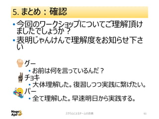 5. まとめ：確認
•今回のワークショップについてご理解頂け
ましたでしょうか？
•表明じゃんけんで理解度をお知らせ下さ
い
• グー
• お前は何を言っているんだ？
• チョキ
• 大体理解した。復習しつつ実践に繋げたい。
• パー
• 全て理解した。早速明日から実践する。
スクラムによるチームの改善 61
 