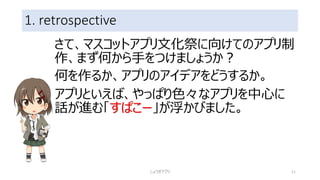 1. retrospective
さて、マスコットアプリ文化祭に向けてのアプリ制
作、まず何から手をつけましょうか？
何を作るか、アプリのアイデアをどうするか。
アプリといえば、やっぱり色々なアプリを中心に
話が進む「すぱこー」が浮かびました。
しょうぎアプリ 11
 