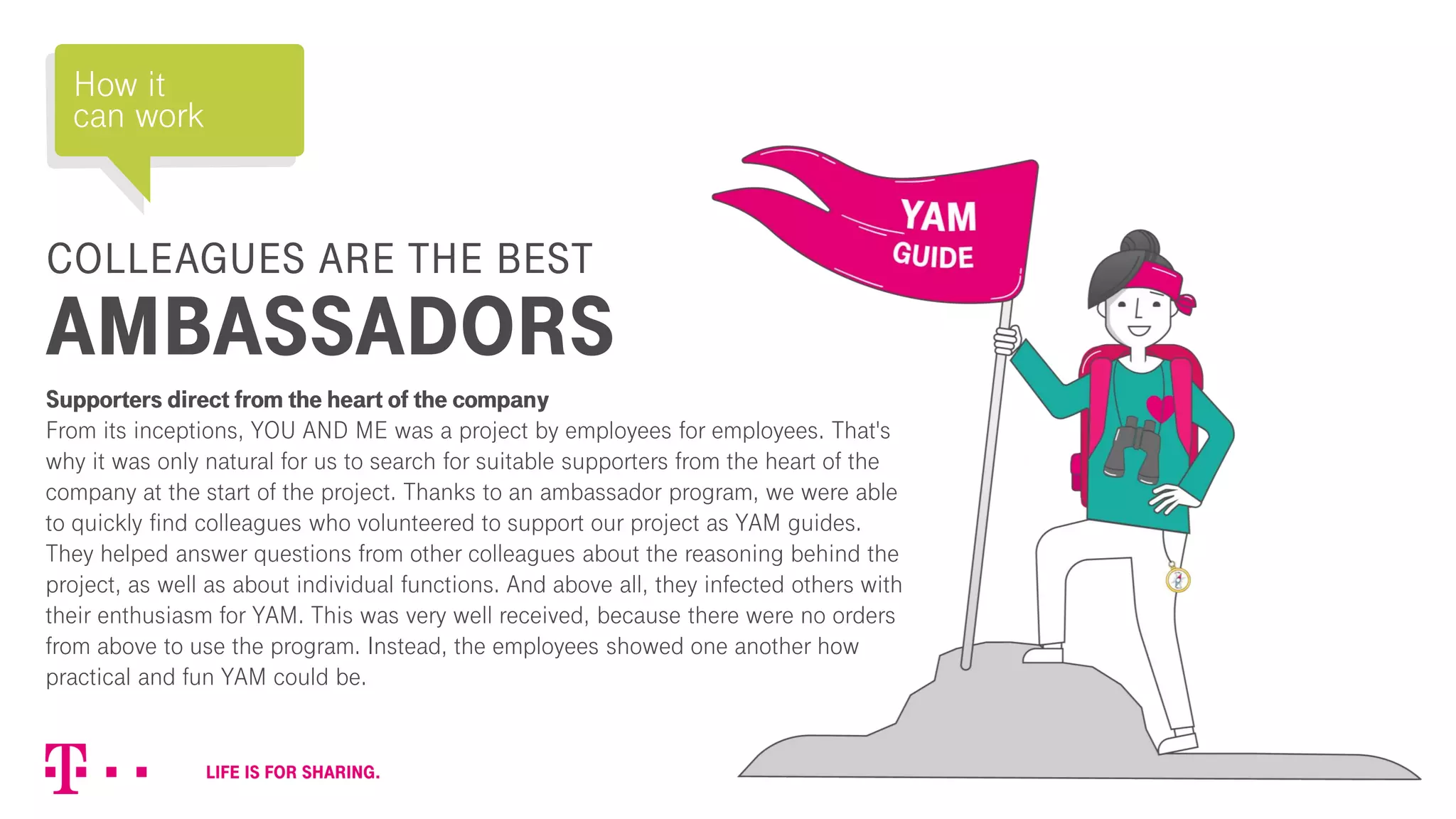 COLLEAGUES ARE THE BEST
AMBASSADORS
Supporters direct from the heart of the company
From its inceptions, YOU AND ME was a project by employees for employees. That's
why it was only natural for us to search for suitable supporters from the heart of the
company at the start of the project. Thanks to an ambassador program, we were able
to quickly find colleagues who volunteered to support our project as YAM guides.
They helped answer questions from other colleagues about the reasoning behind the
project, as well as about individual functions. And above all, they infected others with
their enthusiasm for YAM. This was very well received, because there were no orders
from above to use the program. Instead, the employees showed one another how
practical and fun YAM could be.
How it
can work
 