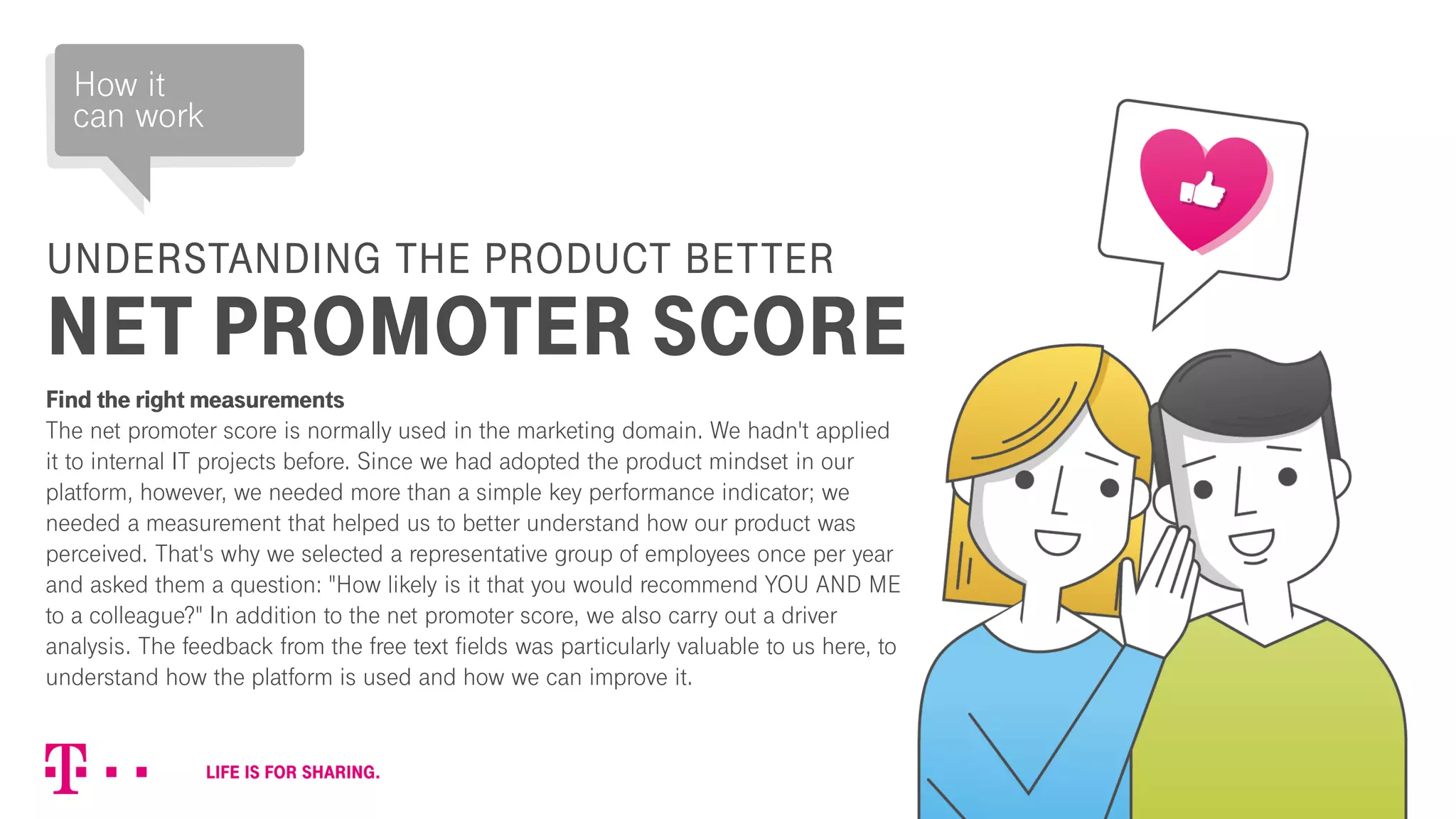 UNDERSTANDING THE PRODUCT BETTER
NET PROMOTER SCORE
Find the right measurements
The net promoter score is normally used in the marketing domain. We hadn't applied
it to internal IT projects before. Since we had adopted the product mindset in our
platform, however, we needed more than a simple key performance indicator; we
needed a measurement that helped us to better understand how our product was
perceived. That's why we selected a representative group of employees once per year
and asked them a question: "How likely is it that you would recommend YOU AND ME
to a colleague?" In addition to the net promoter score, we also carry out a driver
analysis. The feedback from the free text fields was particularly valuable to us here, to
understand how the platform is used and how we can improve it.
How it
can work
 