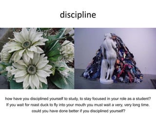 discipline
how have you disciplined yourself to study, to stay focused in your role as a student?
If you wait for roast duck to fly into your mouth you must wait a very, very long time.
could you have done better if you disciplined yourself?
 
