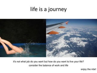 life is a journey
it's not what job do you want but how do you want to live your life?
consider the balance of work and life
enjoy the ride!
 