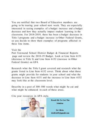 You are notified that two Board of Education members are
going to be touring your school next week. They are especially
interested in seeing examples of a budget increase and a budget
decrease and how they actually impact student learning in the
classroom. For 2018-2019, there has been a budget decrease in
Title I programs and a budget increase in Other Federal Grants,
so you decide to show them examples of programs affected in
these line items.
Visit the
Port Townsend School District Budget & Financial Reports
page and review the 2018-19 Budget. Look at Line Item 6151
(decrease in Title I) and Line Item 6152 (increase in Other
Federal Grants) on GF4.
Research what the Title I grant covered and research what the
grants listed in Line Item 6152 cover. Think about what those
grants might provide for students in your school and what the
decrease in Line Item 6151 and the increase in Line Item 6152
may look like at the classroom level.
Describe in a post of 300–500 words what might be cut and
what might be enhanced in each of these areas.
Cite your resources in APA style.
 