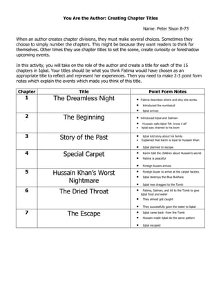 You Are the Author: Creating Chapter Titles

                                                                    Name: Peter Sison 8-73

When an author creates chapter divisions, they must make several choices. Sometimes they
choose to simply number the chapters. This might be because they want readers to think for
themselves. Other times they use chapter titles to set the scene, create curiosity or foreshadow
upcoming events.

In this activity, you will take on the role of the author and create a title for each of the 15
chapters in Iqbal. Your titles should be what you think Fatima would have chosen as an
appropriate title to reflect and represent her experiences. Then you need to make 2-3 point form
notes which explain the events which made you think of this title.

Chapter                          Title                                   Point Form Notes
    1              The Dreamless Night                         •   Fatima describes where and why she works.
                                                               •    Introduced the numbskull
                                                               •    Iqbal arrives

    2                   The Beginning                          •   Introduced Iqbal and Salman
                                                               •    Hussain calls Iqbal “Mr. know it all”
                                                               •   Iqbal was chained to his loom


    3                                                          •
                      Story of the Past                        •
                                                                    Iqbal told story about his family
                                                                   Explained that Karim is loyal to Hussain Khan

                                                               •    Iqbal planned to escape

    4                   Special Carpet                         •    Karim told the children about Hussain’s secret
                                                               •    Fatima is peaceful

                                                               •    Foreign buyers arrives

    5                                                          •
                   Hussain Khan’s Worst                        •
                                                                    Foreign buyer to arrive at the carpet factory.
                                                                    Iqbal destroys the Blue Bukhara
                        Nightmare                              •    Iqbal was dragged to the Tomb

    6                 The Dried Throat                         •     Fatima, Salman, and Ali to the Tomb to give
                                                                   Iqbal food and water
                                                               •    They almost got caught

                                                               •    They successfully gave the water to Iqbal

    7                     The Escape                           •    Iqbal came back from the Tomb
                                                               •    Hussain made Iqbal do the same pattern

                                                               •    Iqbal escaped
 