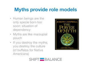 Myths provide role models
• Human beings are the
only specie born too
soon: situation of
dependency
• Myths are like marsupial
pouch
• If you destroy the myths,
you destroy the culture
(cf buffalos for Native
Americans)
 