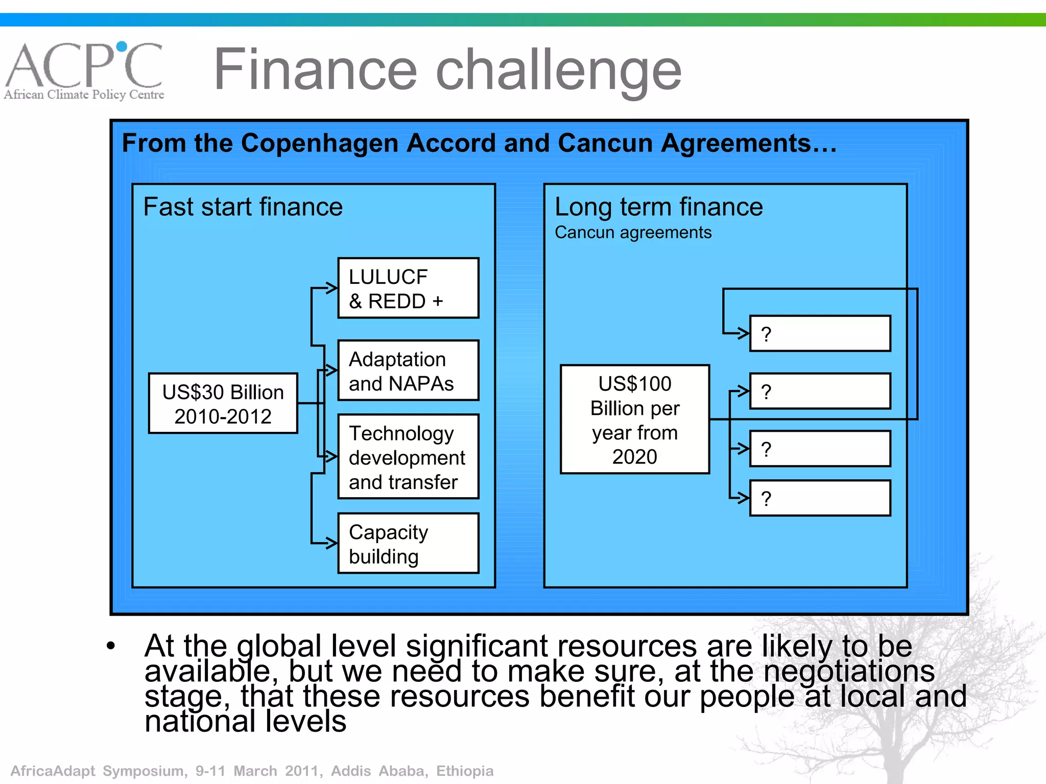 Finance challenge At the global level significant resources are likely to be available, but we need to make sure, at the negotiations stage, that these resources benefit our people at local and national levels From the Copenhagen Accord and Cancun Agreements… Fast start finance Long term finance  Cancun agreements US$30 Billion 2010-2012 LULUCF & REDD +  Adaptation and NAPAs Technology development and transfer Capacity building US$100 Billion per year from 2020 ? ? ? ? 