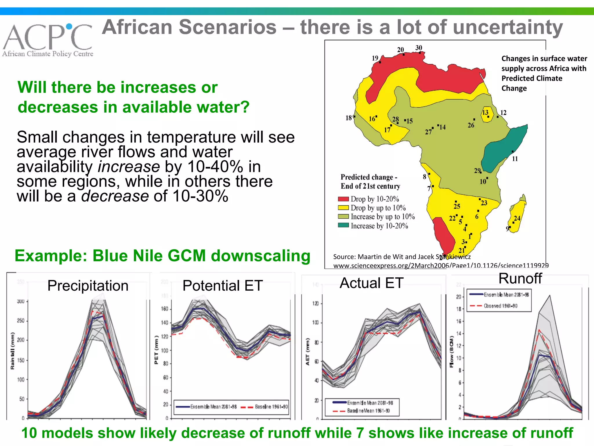 African Scenarios – there is a lot of uncertainty Small changes in temperature will see average river flows and water availability  increase  by 10-40% in some regions, while in others there will be a  decrease  of 10-30% Changes in surface water supply across Africa with Predicted Climate Change Will there be increases or decreases in available water? Potential ET Actual ET Runoff 10 models show likely decrease of runoff while 7 shows like increase of runoff Example: Blue Nile GCM downscaling Precipitation Source: Maartin de Wit and Jacek Stankiewicz www.scienceexpress.org/2March2006/Page1/10.1126/science1119929 