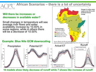 African Scenarios – there is a lot of uncertainty Small changes in temperature will see average river flows and water availability  increase  by 10-40% in some regions, while in others there will be a  decrease  of 10-30% Changes in surface water supply across Africa with Predicted Climate Change Will there be increases or decreases in available water? Potential ET Actual ET Runoff 10 models show likely decrease of runoff while 7 shows like increase of runoff Example: Blue Nile GCM downscaling Precipitation Source: Maartin de Wit and Jacek Stankiewicz www.scienceexpress.org/2March2006/Page1/10.1126/science1119929 