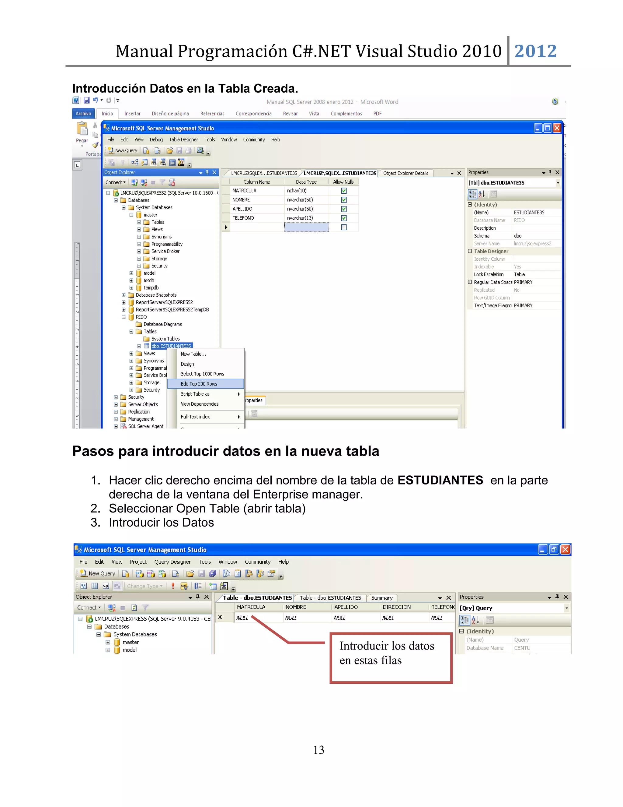 Manual Programación C#.NET Visual Studio 2010 2012
Introducción Datos en la Tabla Creada.

Pasos para introducir datos en la nueva tabla
1. Hacer clic derecho encima del nombre de la tabla de ESTUDIANTES en la parte
derecha de la ventana del Enterprise manager.
2. Seleccionar Open Table (abrir tabla)
3. Introducir los Datos

Introducir los datos
en estas filas

13

 
