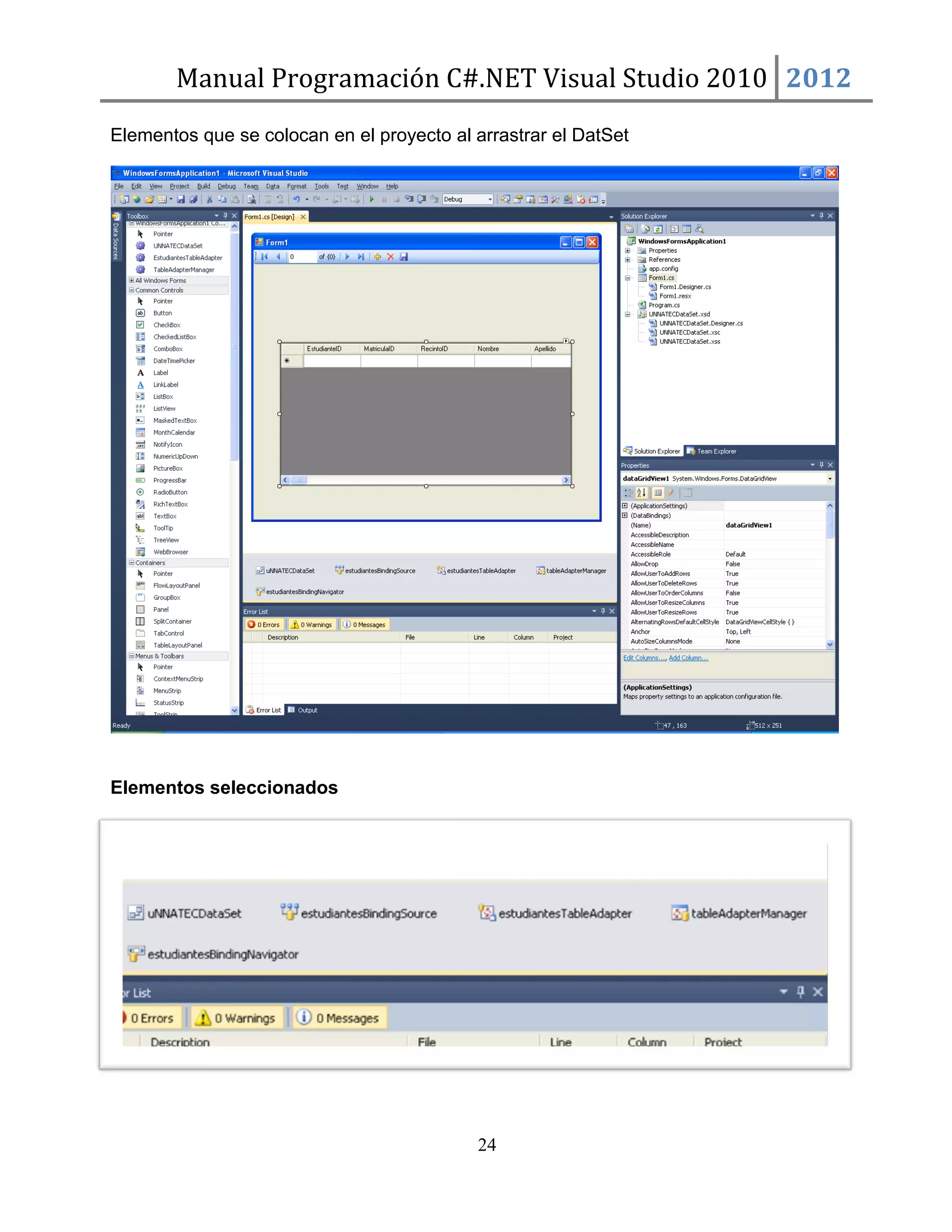 Manual Programación C#.NET Visual Studio 2010 2012
Elementos que se colocan en el proyecto al arrastrar el DatSet

Elementos seleccionados

24

 