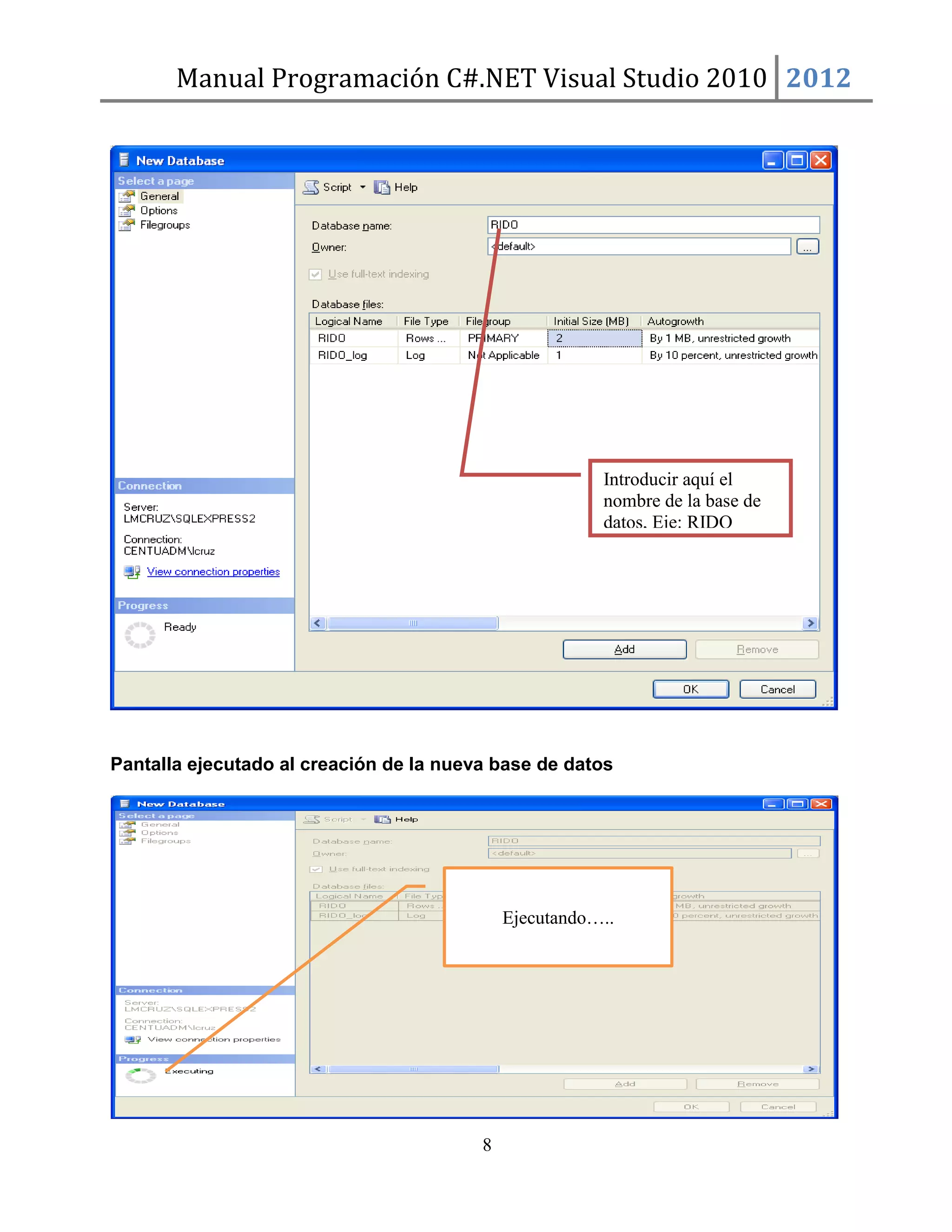 Manual Programación C#.NET Visual Studio 2010 2012

Introducir aquí el
nombre de la base de
datos, Eje: RIDO

Pantalla ejecutado al creación de la nueva base de datos

Ejecutando…..

8

 