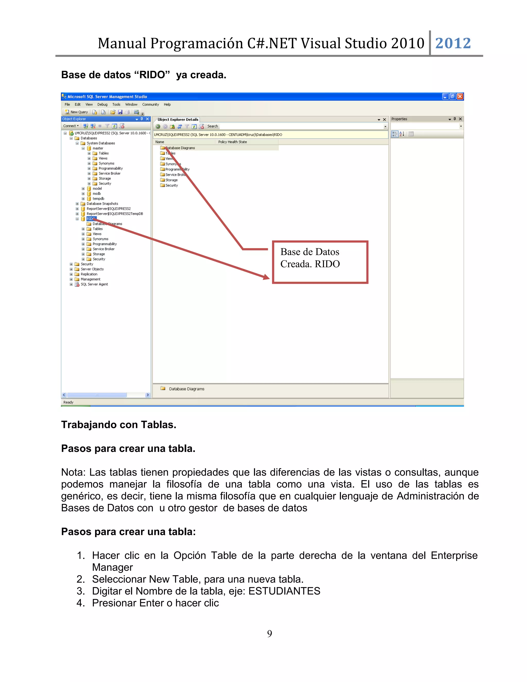 Manual Programación C#.NET Visual Studio 2010 2012
Base de datos “RIDO” ya creada.

Base de Datos
Creada. RIDO

Trabajando con Tablas.
Pasos para crear una tabla.
Nota: Las tablas tienen propiedades que las diferencias de las vistas o consultas, aunque
podemos manejar la filosofía de una tabla como una vista. El uso de las tablas es
genérico, es decir, tiene la misma filosofía que en cualquier lenguaje de Administración de
Bases de Datos con u otro gestor de bases de datos
Pasos para crear una tabla:
1. Hacer clic en la Opción Table de la parte derecha de la ventana del Enterprise
Manager
2. Seleccionar New Table, para una nueva tabla.
3. Digitar el Nombre de la tabla, eje: ESTUDIANTES
4. Presionar Enter o hacer clic
9

 
