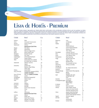 Os hotéis listados abaixo e agrupados por cidade estão todos confirmados e são considerados similares entre si, por isso qualquer um deles
pode ser usado em qualquer uma das datas de saída Premium dos Roteiros Europeus com Guia Brasileiro em 2013, de maneira a substituir o
hotel publicado na página de cada tour. Lembramos ainda que a Tumlare reserva-se ao direito de utilizar hotéis considerados similares em
categoria e localização aos publicados neste folheto, ainda que estes não estejam expostos nesta lista.

Ankara
Assis
Atenas
Balestrand
Bergen
Berlin
Braga
Bursa
Budapest
Capadócia
Copenhague
Cracóvia
Dijon
Dubrovnik
Estocolmo
Fátima
Ferry CPH-OSL
Ferry STO-HEL
Florença
Grindelwald
Heraklion
Hvar
Istambul
Kusadasi
Lisboa
Ljubljana
Lofthus
Lucerna
Lyon
Madrid
Milão
Moscou

Midi
Cenacolo Francescano
Divani Caravel
Kviknes
Apartamento Fjord View
First Marin
Hotel Berlin
Mercure Braga Centro
Almira Hotel & Spa
Novotel Danube
Peri Tower
SP34 (Hotel Boutique)
Galaxy Krakow
Grand Hotel De La Cloche
(Ex Sofitel Djon La Cloche)
Valamar Lacroma
Argosy
Scandic Park
Radisson Royal Viking
Clarion Sign
Santa Maria
Scandinavian Seaways (DFDS)
CABINE EXTERNA
Silja Line CABINE EXTERNA
Londra
Romantik Shweizerhof
Astoria Capsis
Amfora
Riva
Nippon
Sealight
Mundial
Grand Union Executive
Plaza
Lev
Ullensvang
Apartamento Fjord View
Astoria
Sofitel Lyon
Hotel Husa Princesa
Sheraton Four Points
Holiday Inn Sokolniki

P
P
L
P

Mykonos
Nice
Opatja

P
P
P
P
P
P
PS
P
PS

Oslo

PS
P
PS
PS
P
P
P
P
P
P
P
P
P
P
L
P
P
P
L
PS
P
L
PS
P
P

Pamukkale
Paris
Porto
Portovenere
Praga
Rodes
Roma
Salamanca
Santiago de
Compostela
Santorini
São Petersburgo
Sarajevo

Leto
Le Méridien
Astoria
Bristol
Palace Bellevue
Clarion Royal Christiania
Radisson Blu Plaza
Thon Opera
Colossae Thermal
Concorde Montparnasse
Tiara Atlantic Porto
Royal Sporting
Barceló Praha Five
Hilton Praga
Mediterranean
NH Leonardo da Vinci
Artheus Carmelita

AC Palacio Del Carmen
El Greco
Hotel Crowne Plaza Ligovsky
Bistrol
Europe
Split
Radisson Blu Split
Le Meridien Lav
Park
Sorrento
Conca Park
St. Margherita Ligure Lido Palace
Best Western
Regina Elena
St. Moritz
Crytal
Varsóvia
Mercure Grand
Veneza
Hilton Molino Stucky
Monaco & Grand Canale
Starhotel Splendid Suisse
Viena
Austria Trend Park Royal
Parkhotel Schoenbrunn
Austria Trend Savoyen Vienna
Zagreb
Sheraton Zagreb
Zermatt
Pollux
Ambassador
Zurique
Central Plaza

P
PS
P
P
P
P
PS
P
PS
P
PS
P
P
P
P
P
P
PS
P
P
P
PS
PS
P
P
P
P
P
P
P
L
P
PS
P
P
P
P
P
P
P

 
