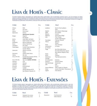 Os hotéis listados abaixo e agrupados por cidade estão todos confirmados e são considerados similares entre si, por isso qualquer um deles
pode ser usado em qualquer uma das datas de saída Classic dos Roteiros Europeus com Guia Brasileiro em 2013, de maneira a substituir o hotel
publicado na página de cada tour. Lembramos ainda que a Tumlare reserva-se ao direito de utilizar hotéis considerados similares em categoria e
localização aos publicados neste folheto, ainda que estes não estejam expostos nesta lista.

Ankara
Assis
Atenas
Balestrand
Bergen
Berlim
Braga
Budapeste
Bursa
Capadócia
Copenhague
Dubrovnik
Estocolmo
Fátima
Ferry CPH-OSL
Ferry STO-HEL
Florença
Heraklion
Istambul
Kinsarvik
Kusadasi
Lisboa

Midi
Dei Priori
Polis Grand
Kviknes
Apartamento Standard
Augustin
Rica Bergen
Hotel Sylter Hof Berlin
Hotel Comfort Inn Braga
Mercure Metropol
Almira Hotel & Spa
Peri Tower
Comfort Hotel Vesterbro
Scandic Webers
Valamar Lacroma
Argosy
Quality Globe Arena
São Jose
Scandinavian Seaways (DFDS)
CABINE INTERNA
Silja Line CABINE INTERNA
Club
Olympic
Nippon
Kinsarvik Fjord
Sealight
Olissipo Marques de Sá
Best Western Eduardo VII

P
T
P
P
T
T
TS
T
TS
P
PS
TS
P
P
P
T
T
P
P
P
T
P
T
L
TS
T

Ljubljana
Madrid
Milão
Moscou
Mykonos
Oslo
Pamukkale
Plitvice
Porto
Portovenere
(Le Grazie)
Praga

Rodes
Roma
Salamanca
Santiago
de Compostela
Santorini
São Petersburgo
Split
Veneza (Mestre)
Viena
Zagreb

Áustria Trend Ljubljana
Plaza
Best Western Mayorazgo
Dei Cavalieri
Cosmos
Giannoulaki Village
Thon Triaden
Scandic Edderkoppen
Colossae Thermal
Bellevue
Plitvice
Dom Henrique
Le Grazie

P
P
P
P
P
P
T
T
PS
T
T
P
T

Ibis Praha Mala Strana
Ibis Praha Wenceslau Square
Best Western Majestic Plaza
Lydia
Universo
Tryp Salamanca Centro

T
T
P
T
TS
P

Gelmirez
Santorini Palace
Dostoevsky
Park
Atrium
Hilton Garden Inn Mestre
Austria Trend Beim Theresianum
International

T
P
TS
P
P
P
TS
P

Os hotéis listados abaixo e agrupados por cidade estão todos confirmados e são considerados similares entre si, por isso
qualquer um deles pode ser usado em qualquer uma das datas de saída de Extensões dos Roteiros Europeus com Guia
Brasileiro em 2013, de maneira a substituir o hotel publicado na página de cada tour. Lembramos ainda que a Tumlare
reserva-se ao direito de utilizar hotéis considerados similares em categoria e localização aos publicados neste folheto, ainda
que estes não estejam expostos nesta lista.

Reykjavik

Reykjavik City Center
Radisson Blue 1919

P
P

Rovaniemi

City Rovaniemi
Sokos Vaakuna

T
TS

 