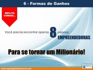 6 - Formas de Ganhos
REFLITA
COMIGO...

Você precisa encontrar apenas

www.argentglobalnetwork.com

8

pessoas

EMPREENDEDORAS

 