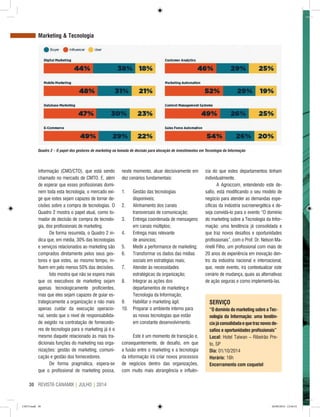 REVISTA CANAMIX | JULHO | 201430
informação (CMO/CTO), que está sendo
chamado no mercado de CMTO. E, além
de esperar que esses profissionais domi-
nem toda esta tecnologia, o mercado exi-
ge que estes sejam capazes de tomar de-
cisões sobre a compra de tecnologias. O
Quadro 2 mostra o papel atual, como to-
mador de decisão de compra de tecnolo-
gia, dos profissionais de marketing.
De forma resumida, o Quadro 2 in-
dica que, em média, 30% das tecnologias
e serviços relacionados ao marketing são
comprados diretamente pelos seus ges-
tores e que estes, ao mesmo tempo, in-
fluem em pelo menos 50% das decisões.
Isto mostra que não se espera mais
que os executivos de marketing sejam
apenas tecnologicamente proficientes,
mas que eles sejam capazes de guiar es-
trategicamente a organização e não mais
apenas cuidar da execução operacio-
nal, sendo que o nível de responsabilida-
de exigido na contratação de fornecedo-
res de tecnologia para o marketing já é o
mesmo daquele relacionado às mais tra-
dicionais funções do marketing nas orga-
nizações: gestão de marketing, comuni-
cação e gestão dos fornecedores.
De forma pragmática, espera-se
que o profissional de marketing possa,
neste momento, atuar decisivamente em
dez cenários fundamentais:
1.	 Gestão das tecnologias
disponíveis;
2.	 Alinhamento dos canais
transversais de comunicação;
3.	 Entrega coordenada de mensagens
em canais múltiplos;
4.	 Entrega mais relevante
de anúncios;
5.	 Medir a performance de marketing;
6.	 Transformar os dados das mídias
sociais em estratégias reais;
7.	 Atender às necessidades
estratégicas da organização;
8.	 Integrar as ações dos
departamentos de marketing e
Tecnologia da Informação;
9.	 Habilitar o marketing ágil;
10.	 Preparar o ambiente interno para
as novas tecnologias que estão
em constante desenvolvimento.
Este é um momento de transição e,
consequentemente, de desafio, em que
a fusão entre o marketing e a tecnologia
da informação irá criar novos processos
de negócios dentro das organizações,
com muito mais abrangência e influên-
cia do que estes departamentos tinham
individualmente.
A Agroccom, entendendo este de-
safio, está modificando o seu modelo de
negócio para atender as demandas espe-
cíficas da indústria sucroenergética e de-
seja convidá-lo para o evento “O domínio
do marketing sobre a Tecnologia da Infor-
mação: uma tendência já consolidada e
que traz novos desafios e oportunidades
profissionais”, com o Prof. Dr. Nelson Ma-
rinelli Filho, um profissional com mais de
20 anos de experiência em inovação den-
tro da indústria nacional e internacional,
que, neste evento, irá contextualizar este
cenário de mudança, quais as alternativas
de ação seguras e como implementá-las.
SERVIÇO
“O domínio do marketing sobre a Tec-
nologia da Informação: uma tendên-
ciajáconsolidadaequetraznovosde-
safios e oportunidades profissionais”
Local: Hotel Taiwan – Ribeirão Pre-
to, SP
Dia: 01/10/2014
Horário: 16h
Encerramento com coquetel
Quadro 2 – O papel dos gestores de marketing na tomada de decisão para alocação de investimentos em Tecnologia da Informação
Marketing & Tecnologia
CM73.indd 30 26/09/2014 12:44:33
 