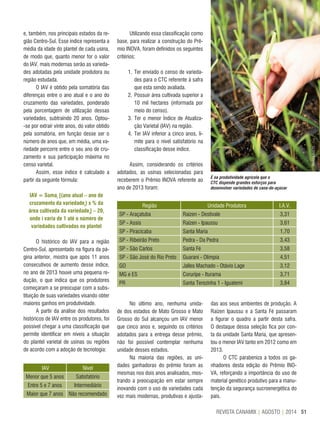 51REVISTA CANAMIX | AGOSTO | 2014
e, também, nos principais estados da re-
gião Centro-Sul. Esse índice representa a
média da idade do plantel de cada usina,
de modo que, quanto menor for o valor
do IAV, mais modernas serão as varieda-
des adotadas pela unidade produtora ou
região estudada.
O IAV é obtido pela somatória das
diferenças entre o ano atual e o ano do
cruzamento das variedades, ponderado
pela porcentagem de utilização dessas
variedades, subtraindo 20 anos. Optou-
-se por extrair vinte anos, do valor obtido
pela somatória, em função desse ser o
número de anos que, em média, uma va-
riedade percorre entre o seu ano de cru-
zamento e sua participação máxima no
censo varietal.
Assim, esse índice é calculado a
partir da seguinte fórmula:
IAV = Somai
[(ano atual – ano de
cruzamento da variedadei
) x % da
área cultivada da variedadei
] – 20,
onde i varia de 1 até o número de
variedades cultivadas no plantel
O histórico do IAV para a região
Centro-Sul, apresentado na figura da pá-
gina anterior, mostra que após 11 anos
consecutivos de aumento desse índice,
no ano de 2013 houve uma pequena re-
dução, o que indica que os produtores
começaram a se preocupar com a subs-
tituição de suas variedades visando obter
maiores ganhos em produtividade.
A partir da análise dos resultados
históricos de IAV entre os produtores, foi
possível chegar a uma classificação que
permite identificar em níveis a situação
do plantel varietal de usinas ou regiões
de acordo com a adoção de tecnologia:
Utilizando essa classificação como
base, para realizar a construção do Prê-
mio INOVA, foram definidos os seguintes
critérios:
1. Ter enviado o censo de varieda-
des para o CTC referente à safra
que esta sendo avaliada.
2. Possuir área cultivada superior a
10 mil hectares (informada por
meio do censo).
3. Ter o menor Índice de Atualiza-
ção Varietal (IAV) na região.
4. Ter IAV inferior a cinco anos, li-
mite para o nível satisfatório na
classificação desse índice.
Assim, considerando os critérios
adotados, as usinas selecionadas para
receberem o Prêmio INOVA referente ao
ano de 2013 foram:
Divulgação/CTC
IAV Nível
Menor que 5 anos Satisfatório
Entre 5 e 7 anos Intermediário
Maior que 7 anos Não recomendado
Região Unidade Produtora I.A.V.
SP - Araçatuba Raízen - Destivale 3,31
SP - Assis Raízen - Ipaussu 3,61
SP - Piracicaba Santa Maria 1,70
SP - Ribeirão Preto Pedra - Da Pedra 3,43
SP - São Carlos Santa Fé 3,58
SP - São José do Rio Preto Guarani - Olímpia 4,51
GO Jalles Machado - Otávio Lage 3,12
MG e ES Coruripe - Iturama 3,71
PR Santa Terezinha 1 - Iguatemi 3,84
No último ano, nenhuma unida-
de dos estados de Mato Grosso e Mato
Grosso do Sul alcançou um IAV menor
que cinco anos e, seguindo os critérios
adotados para a entrega desse prêmio,
não foi possível contemplar nenhuma
unidade desses estados.
Na maioria das regiões, as uni-
dades ganhadoras do prêmio foram as
mesmas nos dois anos analisados, mos-
trando a preocupação em estar sempre
inovando com o uso de variedades cada
vez mais modernas, produtivas e ajusta-
das aos seus ambientes de produção. A
Raízen Ipaussu e a Santa Fé passaram
a figurar o quadro a partir desta safra.
O destaque dessa seleção fica por con-
ta da unidade Santa Maria, que apresen-
tou o menor IAV tanto em 2012 como em
2013.
O CTC parabeniza a todos os ga-
nhadores desta edição do Prêmio INO-
VA, reforçando a importância do uso de
material genético produtivo para a manu-
tenção da segurança sucroenergética do
país.
É na produtividade agrícola que o
CTC dispende grandes esforços para
desenvolver variedades de cana-de-açúcar
 