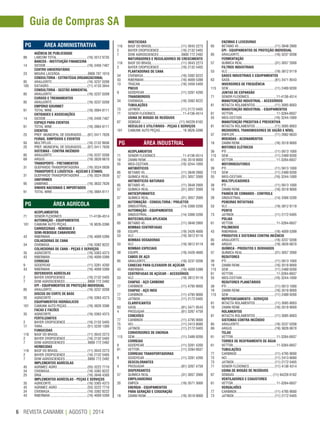 REVISTA CANAMIX | AGOSTO | 20146
Guia de Compras SA
PG ÁREA ADMINISTRATIVA
AGÊNCIA DE PUBLICIDADE
89 LABCOM TOTAL .................................(16) 3512 9735
BANCOS - INSTITUIÇÃO FINANCEIRA
14 SICOOB ..............................................(16) 3456 7407
CENTRO UNIVERSITÁRIO
23 MOURA LACERDA...............................0800 707 1010
CONSULTORIA - ESTRATÉGIA ORGANIZACIONAL
85 ARAUJORTC.......................................(16) 3237 0208
105 DATAGRO...........................................(11) 4133 3944
CONSULTORIA - GESTÃO AMBIENTAL
85 ARAUJORTC.......................................(16) 3237 0208
CURSOS E TREINAMENTOS
85 ARAUJORTC.......................................(16) 3237 0208
EMPÓRIO GOURMET
91 TOTAL WINE.......................................(16) 3904 8111
ENTIDADES E ASSOCIAÇÕES
14 SICOOB ..............................................(16) 3456 7407
ESPAÇO PARA EVENTOS
91 TOTAL WINE.......................................(16) 3904 8111
EVENTOS
25 PREF. MUNICIPAL DE DOURADOS......(67) 3411 7626
FEIRAS, SIMPÓSIOS E EVENTOS
93 MULTIPLUS........................................(16) 2132 8936
25 PREF. MUNICIPAL DE DOURADOS......(67) 3411 7626
SISTEMAS - CONTRA INCÊNDIO
85 ARAUJORTC.......................................(16) 3237 0208
69 ARGUS...............................................(19) 3826 6670
TRANSPORTE - FRETAMENTOS
31 GUEPARDO TRANSPORTADORA ........(16) 3524 0939
TRANSPORTE E LOGÍSTICA - AÇÚCAR E ETANOL
31 GUEPARDO TRANSPORTADORA ........(16) 3524 0939
UNIFORMES
95 UNIBRINS...........................................(16) 3633 7626
VINHOS NACIONAIS E IMPORTADOS
91 TOTAL WINE.......................................(16) 3904 8111
PG ÁREA AGRÍCOLA
ACOPLAMENTOS
71 SENIOR FLEXONICS..............................11-4136-4514
AUTOMAÇÃO - EQUIPAMENTOS
101 CAMUNK AUTO PEÇAS......................... 16 3626-3396
CARROCERIAS - REBOQUE E
SEMI-REBOQUE CANAVIEIRO
43 RIBERMAN .........................................(16) 4009 5399
COLHEDORAS DE CANA
34 CIVEMASA..........................................(16) 3382 8222
COLHEDORAS DE CANA - PEÇAS E SERVIÇOS
35 AGRICORTE........................................(16) 3363 4373
43 RIBERMAN .........................................(16) 4009 5399
CORREIAS
9 GOODYEAR ........................................(11) 3281 4200
43 RIBERMAN .........................................(16) 4009 5399
DEFENSIVOS AGRÍCOLAS
2 BAYER CROPSCIENCE........................(16) 2132 5405
7 DOW AGROSCIENCES .........................0800 772 2492
EPI - EQUIPAMENTOS DE PROTEÇÃO INDIVIDUAL
85 ARAUJORTC.......................................(16) 3237 0208
DISCOS DO CORTE DE BASE
35 AGRICORTE........................................(16) 3363 4373
EQUIPAMENTOS HIDRÁULICOS
101 CAMUNK AUTO PEÇAS.......................(16) 3626 3396
FACAS E FACÕES
35 AGRICORTE........................................(16) 3363 4373
FERTILIZANTES
2 BAYER CROPSCIENCE........................(16) 2132 5405
17 YARA..................................................(51) 3230 1300
FUNGICIDAS
116 BASF DO BRASIL................................(11) 3043 2273
2 BAYER CROPSCIENCE........................(16) 2132 5405
7 DOW AGROSCIENCES .........................0800 772 2492
HERBICIDAS
116 BASF DO BRASIL................................(11) 3043 2273
2 BAYER CROPSCIENCE........................(16) 2132 5405
7 DOW AGROSCIENCES .........................0800 772 2492
IMPLEMENTOS AGRÍCOLAS
45 AGRIMEC AGRO.................................(55) 3222 7710
34 CIVEMASA..........................................(16) 3382 8222
25 DRIA...................................................(16) 3946 4300
IMPLEMENTOS AGRÍCOLAS - PEÇAS E SERVIÇOS
35 AGRICORTE........................................(16) 3363 4373
45 AGRIMEC AGRO.................................(55) 3222 7710
34 CIVEMASA..........................................(16) 3382 8222
43 RIBERMAN .........................................(16) 4009 5399
ENZIMAS E LEVEDURAS
65 BETABIO 45........................................(11) 3848 2900
EPI - EQUIPAMENTOS DE PROTEÇÃO INDIVIDUAL
85 ARAUJORTC.......................................(16) 3237 0208
FERMENTAÇÃO
57 QUÍMICA REAL...................................(31) 3057 2000
FILTROS INDUSTRIAIS
53 VLC....................................................(19) 3812 9119
GASES INDUSTRIAIS E EQUIPAMENTOS
63 GASIL.................................................(81) 3471 8543
INVERSORES DE FREQUÊNCIA
115 SEW...................................................(11) 2489 9200
JUNTAS DE EXPANSÃO
71 SENIOR FLEXONICS..............................11-4136-4514
MANUTENÇÃO INDUSTRIAL - ACESSÓRIOS
81 INTACTA ROLAMENTOS.....................(11) 3085 8003
MANUTENÇÃO INDUSTRIAL - EQUIPAMENTOS
61 VETTOR................................................11-3284-6937
55 WEG-CESTARI....................................(16) 3244-1000
MANUTENÇÃO PREDITIVA E PREVENTIVA
81 INTACTA ROLAMENTOS.....................(11) 3085 8003
MEDIDORES, TRANSMISSORES DE VAZÃO E NÍVEL
37 DWYLER.............................................(11) 2682 6633
MOENDAS - ACIONAMENTOS
19 ZANINI RENK ......................................(16) 3518 9000
MOTORES ELÉTRICOS
39 PTI .....................................................(11) 5613 1000
115 SEW...................................................(11) 2489 9200
61 VETTOR................................................11-3284-6937
MOTORREDUTORES
39 PTI .....................................................(11) 5613 1000
115 SEW...................................................(11) 2489 9200
55 WEG-CESTARI....................................(16) 3244-1000
MULTIPLICADORES
39 PTI .....................................................(11) 5613 1000
19 ZANINI RENK ......................................(16) 3518 9000
PAINÉIS DE COMANDO - CONTROLE
29 SINDUSTRIAL.....................................(14) 3366 5200
PENEIRAS ROTATIVAS
53 VLC....................................................(19) 3812 9119
PERFIS
73 JATINOX.............................................(11) 2172 0405
POLIAS
61 VETTOR................................................11-3284-6937
POLÍMEROS
43 RIBERMAN .........................................(16) 4009 5399
PRODUTOS E SISTEMAS CONTRA INCÊNCIO
85 ARAUJORTC.......................................(16) 3237 0208
69 ARGUS...............................................(19) 3826 6670
QUÍMICA - PRODUTOS E DERIVADOS
57 QUÍMICA REAL...................................(31) 3057 2000
REDUTORES
39 PTI .....................................................(11) 5613 1000
19 ZANINI RENK ......................................(16) 3518 9000
115 SEW...................................................(11) 2489 9200
61 VETTOR................................................11-3284-6937
55 WEG-CESTARI....................................(16) 3244-1000
REDUTORES PLANETÁRIOS
39 PTI .....................................................(11) 5613 1000
19 ZANINI RENK ......................................(16) 3518 9000
115 SEW...................................................(11) 2489 9200
REPOTENCIAMENTO - SERVIÇOS
81 INTACTA ROLAMENTOS.....................(11) 3085 8003
19 ZANINI RENK ......................................(16) 3518 9000
ROLAMENTOS
81 INTACTA ROLAMENTOS.....................(11) 3085 8003
SISTEMAS CONTRA INCÊNDIO
85 ARAUJORTC.......................................(16) 3237 0208
69 ARGUS...............................................(19) 3826 6670
TELAS
61 VETTOR................................................11-3284-6937
TORRES DE RESFRIAMENTO DE ÁGUA
61 VETTOR................................................11-3284-6937
TUBULAÇÕES
77 CARBINOX..........................................(11) 4795 9000
75 HCI.....................................................(11) 2413 8080
73 JATINOX.............................................(11) 2172 0405
71 SENIOR FLEXONICS............................(11) 4136 4514
USINA DE BIOGÁS DE RESÍDUOS
67 SEBIGÁS ..........................................(11) 94226 6162
VENTILADORES E EXAUSTORES
61 VETTOR................................................11-3284-6937
VERGALHÕES
77 CARBINOX..........................................(11) 4795 9000
73 JATINOX.............................................(11) 2172 0405
INSETICIDAS
116 BASF DO BRASIL................................(11) 3043 2273
2 BAYER CROPSCIENCE........................(16) 2132 5405
7 DOW AGROSCIENCES .........................0800 772 2492
MATURADORES E REGULADORES DE CRESCIMENTO
116 BASF DO BRASIL................................(11) 3043 2273
2 BAYER CROPSCIENCE........................(16) 2132 5405
PLANTADORAS DE CANA
34 CIVEMASA..........................................(16) 3382 8222
43 RIBERMAN .........................................(16) 4009 5399
13 TRACAN.............................................(16) 3456 5400
PNEUS
9 GOODYEAR ........................................(11) 3281 4200
TRANSBORDOS
34 CIVEMASA..........................................(16) 3382 8222
TUBULAÇÕES
73 JATINOX.............................................(11) 2172 0405
71 SENIOR FLEXONICS..............................11-4136-4514
USINA DE BIOGÁS DE RESÍDUOS
67 SEBIGÁS ..........................................(11) 94226 6162
VEÍCULOS E UTILITÁRIOS - PEÇAS E SERVIÇOS
101 CAMUNK AUTO PEÇAS......................... 16 3626-3396
PG ÁREA INDUSTRIAL
ACOPLAMENTOS
71 SENIOR FLEXONICS..............................11-4136-4514
19 ZANINI RENK ......................................(16) 3518 9000
55 WEG-CESTARI....................................(16) 3244-1000
ANTIBIÓTICOS
65 BETABIO 45........................................(11) 3848 2900
57 QUÍMICA REAL...................................(31) 3057 2000
ANTIBIÓTICOS NATURAIS
65 BETABIO 45........................................(11) 3848 2900
57 QUÍMICA REAL...................................(31) 3057 2000
ANTIESPUMANTES
57 QUÍMICA REAL...................................(31) 3057 2000
AUTOMAÇÃO - CONSULTORIA / PROJETOS
29 SINDUSTRIAL.....................................(14) 3366 5200
AUTOMAÇÃO - EQUIPAMENTOS
29 SINDUSTRIAL.....................................(14) 3366 5200
BIOTECNOLOGIA APLICADA
65 BETABIO 45........................................(11) 3848 2900
BOMBAS CENTRÍFUGAS
59 EQUIPE...............................................(19) 3426 4600
53 VLC....................................................(19) 3812 9119
BOMBAS DOSADORAS
53 VLC....................................................(19) 3812 9119
BOMBAS ESPECIAIS
59 EQUIPE...............................................(19) 3426 4600
CABOS DE AÇO
85 ARAUJORTC.......................................(16) 3237 0208
CANECAS PARA ELEVADOR DE AÇÚCAR
43 RIBERMAN .........................................(16) 4009 5399
CENTRÍFUGAS DE AÇÚCAR – ACESSÓRIOS
53 VLC....................................................(19) 3812 9119
CHAPAS - AÇO CARBONO
77 CARBINOX..........................................(11) 4795 9000
CHAPAS - AÇO INOX
77 CARBINOX..........................................(11) 4795 9000
73 JATINOX.............................................(11) 2172 0405
CLARIFICANTES
63 GASIL.................................................(81) 3471 8543
4 PROSUGAR ........................................(81) 3267 4759
CONEXÕES
77 CARBINOX..........................................(11) 4795 9000
75 HCI.....................................................(11) 2413 8080
73 JATINOX.............................................(11) 2172 0405
CONVERSORES DE ENERGIA
115 SEW...................................................(11) 2489 9200
CORREIAS
9 GOODYEAR ........................................(11) 3281 4200
61 VETTOR..............................................(11) 3284 6937
CORREIAS TRANSPORTADORAS
9 GOODYEAR ........................................(11) 3281 4200
DESCOLORANTES
4 PROSUGAR ........................................(81) 3267 4759
DISPERSANTES
57 QUÍMICA REAL...................................(31) 3057 2000
EMPILHADEIRAS
20 EMPIZA ..............................................(19) 3571 3000
ENERGIA - EQUIPAMENTOS
PARA GERAÇÃO E COGERAÇÃO
19 ZANINI RENK ......................................(16) 3518 9000
 