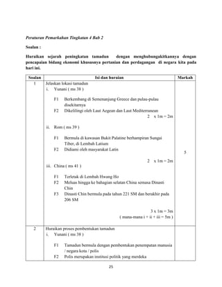 25
Peraturan Pemarkahan Tingkatan 4 Bab 2
Soalan :
Huraikan sejarah peningkatan tamadun dengan menghubungakitkannya dengan
pencapaian bidang ekonomi khususnya pertanian dan perdagangan di negara kita pada
hari ini.
Soalan Isi dan huraian Markah
1 Jelaskan lokasi tamadun
i. Yunani ( ms 38 )
F1 Berkembang di Semenanjung Greece dan pulau-pulau
disekitarnya
F2 Dikelilingi oleh Laut Aegean dan Laut Mediterranean
2 x 1m = 2m
ii. Rom ( ms 39 )
F1 Bermula di kawasan Bukit Palatine berhampiran Sungai
Tiber, di Lembah Latium
F2 Didiami oleh masyarakat Latin
2 x 1m = 2m
iii. China ( ms 41 )
F1 Terletak di Lembah Hwang Ho
F2 Meluas hingga ke bahagian selatan China semasa Dinasti
Chin
F3 Dinasti Chin bermula pada tahun 221 SM dan berakhir pada
206 SM
3 x 1m = 3m
( mana-mana i + ii + iii = 5m )
5
2 Huraikan proses pembentukan tamadun
i. Yunani ( ms 38 )
F1 Tamadun bermula dengan pembentukan penempatan manusia
/ negara kota / polis
F2 Polis merupakan institusi politik yang merdeka
 