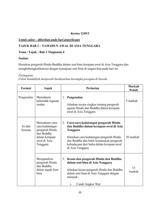 33
Kertas 1249/3
Untuk calon – diberikan pada hari peperiksaan
TAJUK BAB 3 – TAMADUN AWAL DI ASIA TENGGARA
Tema / Tajuk : Bab 3 Tingkatan 4
Soalan:
Huraikan pengaruh Hindu-Buddha dalam seni bina kerajaan awal di Asia Tenggara dan
menghubungkaitkannya dengan kemajuan seni bina di negara kita pada hari ini.
Peringatan;
Calon hendaklah menjawab berdasarkan kerangka jawapan di bawah.
Format Aspek Perincian
Markah
Penuh
Pengenalan Memahami
kehendak tugasan
soalan
1. Pengenalan
Jelaskan secara ringkas tentang pengaruh
agama Hindu dan Buddha dalam kerajaan
awal di Asia Tenggara
5 markah
Isi dan
huraian
Memahami cara-
cara kedatangan
pengaruh Hindu
dan Buddha
dalam kerajaan
awal di Asia
Tenggara
2.
2. Cara-cara kedatangan pengaruh Hindu
dan Buddha dalam kerajaan awal di Asia
Tenggara
Huraikan cara kedatangan pengaruh Hindu
dan Buddha dan bukti kemasukan pengaruh
kebudayaan dari India dalam kerajaan awal
di Asia Tenggara
30 markah
Menganalisis
pengaruh Hindu
dan Buddha
dalam aspek Seni
bina
3. Kesan dan pengaruh Hindu dan Buddha
dalam seni bina di Asia Tenggara
Jelaskan kesan pengaruh Hindu dan Buddha
dalam seni bina di Asia Tenggara dengan
merujuk :
i. Candi Angkor Wat
15
markah
 