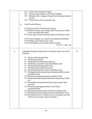 38
F21 Candi terdiri daripada 9 tingkat
F22 Terdapat pagar langkah relief lukisan Buddha.
F23 Bahagian atas di anggap tertinggi dan lambang pencapaian
nirwana.
F24 Tahap manusia bebas daripada nafsu
iii. Candi Lembah Bujang
F25 Keluasan sekitar 400 kilometer persegi
F26 Meliputi kawasan tanah tinggi seperti Gunung Jerai, Bukit
Choras dan Bukit Batu Pahat
F27 Candi agama Hindu terbahagi kepada dua bahagian utama
F28 Vimana bahagian suci tempat arca keagamaan diletakkan
F29 Mendapa ialah bahagian luar candi
F30 Candi Buddha pula memiliki pelan cruciform
30 X 1m = mak 15m
4 Cadangkan langkah-langkah untuk memajukan aspek seni bina di
Malaysia
F1 Menguasaiilmupengetahuan
F2 Menguasaikemahiran
F3 Mengukuhkanjatidiribangsa Malaysia
F4 Melahirkan masyarakat yang Kreatifdaninovatif
F5 Memperkukuhilmupengajian Islam
F7 Menaiktarafkemudahanintrastuktur
F8 Menambahtenagamahir dalam pendidikan islam
F9 Meningkatkankecekapanpengurusandanpentadbiran pusat
pendidikan Islam
F10 Memperkasakanperananpusat pendidikan Islam
F11 Memperluaskanhubungan diplomatik dengannegara Islam
lain
F12 Mengadakan pertukaranteknologi dengan negara Islam
yang lain
F13 Mempeloporipenggunaanbahasa Arab dalam
sistempendidikan
F14 Meluaskan peluang kerjaya berkaitan pengajian Islam
F15 Memberibantuankewanganuntukaktivitipendidikan Islam
F16 Mewajibkan kursus Tamadun Islam di peringkat universiti
( Mana-mana jawapan yang munasabah )
15
 