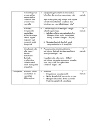4
Menilai kejayaan
negara setelah
memanfaatkan
kelebihan dan
keistimewaan
yang ada
5. Kejayaan negara setelah memanfaatkan
kelebihan dan keistimewaan negara kita
Apakah kejayaan yang dicapai oleh negara
setelah memanfaatkan kelebihan dan
keistimewaan yang ada di negara kita?
10
markah
Mencipta /
Menjana idea
menjadikan
Malaysia sebagai
sebuah negara
maju dari segi
ekonomi, sosial
dan politik
6. Cabaran menjadikan Malaysia sebagai
sebuah negara maju.
i. Jelaskan cabaran yang dihadapi oleh
Malaysia dalam usaha memajukan
bidang ekonomi di negara kita.(5M)
ii. Nyatakan langkah-langkah untuk
mengatasi cabaran di atas (5M)
10
markah
Menghayati nilai-
nilai murni /
iktibar /
patriotisme
daripada
pembentukan
tamadun awal
untuk memajukan
negara kita
7. Penerapan nilai-nilai murni iktibar /
patriotisme daripada kerajaan awal demi
memajukan negara kita.
Nyatakan nilai-nilai murni / iktibar /
patriotisme daripada sumbangan tamadun
awal yang boleh diterapkan demi
kemajuan negara kita.
10
markah
Kesimpulan Merumus secara
keseluruhan isi
yang telah
dibincangkan.
8. Rumusan
Pengetahuan yang diperoleh
Iktibar kepada diri, bangsa dan negara
Harapan untuk masa depan ekonomi
Malaysia yang lebih cemerlang
5
markah
 