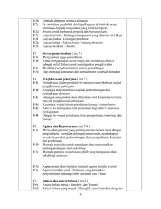 6
H2b Bermula daripada institusi keluarga
H2c Pertambahan penduduk dan kepelbagaian aktiviti ekonomi
membawa kepada masyarakat yang lebih kompleks
H2d Sistem sosial berbentuk piramid dan bersusun lapis
H2e Lapisan teratas : Golongan bangsawan yang diketuai oleh Raja
H2f Lapisan kedua : Golongan pembesar
H2g Lapsan ketiga : Rakyat biasa / tunjang ekonomi
H2h Lapisan terakhir : Hamba
F3 Sistem pemerintahan ( ms 7 )
H3a Menjalankan tugas pentadbiran
H3b Ketua menggunakan unsur magis dan mendakwa dirinya
sebagai wakil Tuhan untuk mendapatkan pengiktirafan
H3c Membawa kepada kelahiran sistem perundangan
H3d Bagi menjaga keamanan dan kemakmuran sesebuah tamadun
F4 Pengkhususan pekerjaan ( ms 7 )
H4a Peningkatan dalam produktiviti manusia menyebabkan wujud
pengkhususan pekerjaan
H4b Kesannya akan membawa kepada perkembangan dan
peningkatan ekonomi
H4c Barangan atau produk akan dihasilkan oleh kumpulan tertentu
melalui pengkhususan pekerjaan
H4d Kesannya, wujud sistem pertukaran barang / sistem barter
H4e Aktiviti ini merupakan titik permulaan bagi aktiviti ekonomi
perdagangan
H4f Dengan ini wujud pertukaran ilmu pengetahuan, teknologi dan
budaya
F5 Agama dan Kepercayaan ( ms 7-8 )
H5a Memainkan peranan yang penting kerana berkait rapat dengan
pengiktirafan terhadap golongan pemerintah, pembahagian
sosial masyarakat, perkembangan ilmu pengetahuan, kesenian
dan pembinaan
H5b Manusia mencuba untuk memahami dan menyesuaikan
kehidupan dengan alam sekeliling
H5c Manusia percaya wujud kuasa ghaib yang menguasai alam
sekeliling/ animism
H5d Kepercayaan akan bertukar menjadi agama melalui evolusi
H5e Agama tamadun awal : Politisme yang bermakna
penyembahan terhadap lebih daripada satu Tuhan
F6 Bahasa dan sistem tulisan ( ms 8 )
H6a Antara bahasa tertua : Sanskrit dan Yunani
H6b Sistem tulisan yang wujud : Hieroglif, cuneiform dan ideogram
 