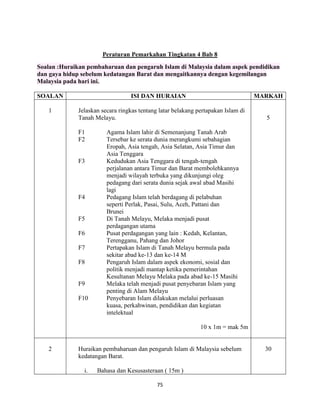 75
Peraturan Pemarkahan Tingkatan 4 Bab 8
Soalan :Huraikan pembaharuan dan pengaruh Islam di Malaysia dalam aspek pendidikan
dan gaya hidup sebelum kedatangan Barat dan mengaitkannya dengan kegemilangan
Malaysia pada hari ini.
SOALAN ISI DAN HURAIAN MARKAH
1 Jelaskan secara ringkas tentang latar belakang pertapakan Islam di
Tanah Melayu.
F1 Agama Islam lahir di Semenanjung Tanah Arab
F2 Tersebar ke serata dunia merangkumi sebahagian
Eropah, Asia tengah, Asia Selatan, Asia Timur dan
Asia Tenggara
F3 Kedudukan Asia Tenggara di tengah-tengah
perjalanan antara Timur dan Barat membolehkannya
menjadi wilayah terbuka yang dikunjungi oleg
pedagang dari serata dunia sejak awal abad Masihi
lagi
F4 Pedagang Islam telah berdagang di pelabuhan
seperti Perlak, Pasai, Sulu, Aceh, Pattani dan
Brunei
F5 Di Tanah Melayu, Melaka menjadi pusat
perdagangan utama
F6 Pusat perdagangan yang lain : Kedah, Kelantan,
Terengganu, Pahang dan Johor
F7 Pertapakan Islam di Tanah Melayu bermula pada
sekitar abad ke-13 dan ke-14 M
F8 Pengaruh Islam dalam aspek ekonomi, sosial dan
politik menjadi mantap ketika pemerintahan
Kesultanan Melayu Melaka pada abad ke-15 Masihi
F9 Melaka telah menjadi pusat penyebaran Islam yang
penting di Alam Melayu
F10 Penyebaran Islam dilakukan melalui perluasan
kuasa, perkahwinan, pendidikan dan kegiatan
intelektual
10 x 1m = mak 5m
5
2 Huraikan pembaharuan dan pengaruh Islam di Malaysia sebelum
kedatangan Barat.
i. Bahasa dan Kesusasteraan ( 15m )
30
 